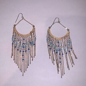 Boho Blue and Gold Chandelier Earrings NWT Long Dangling Bohemian with Beads